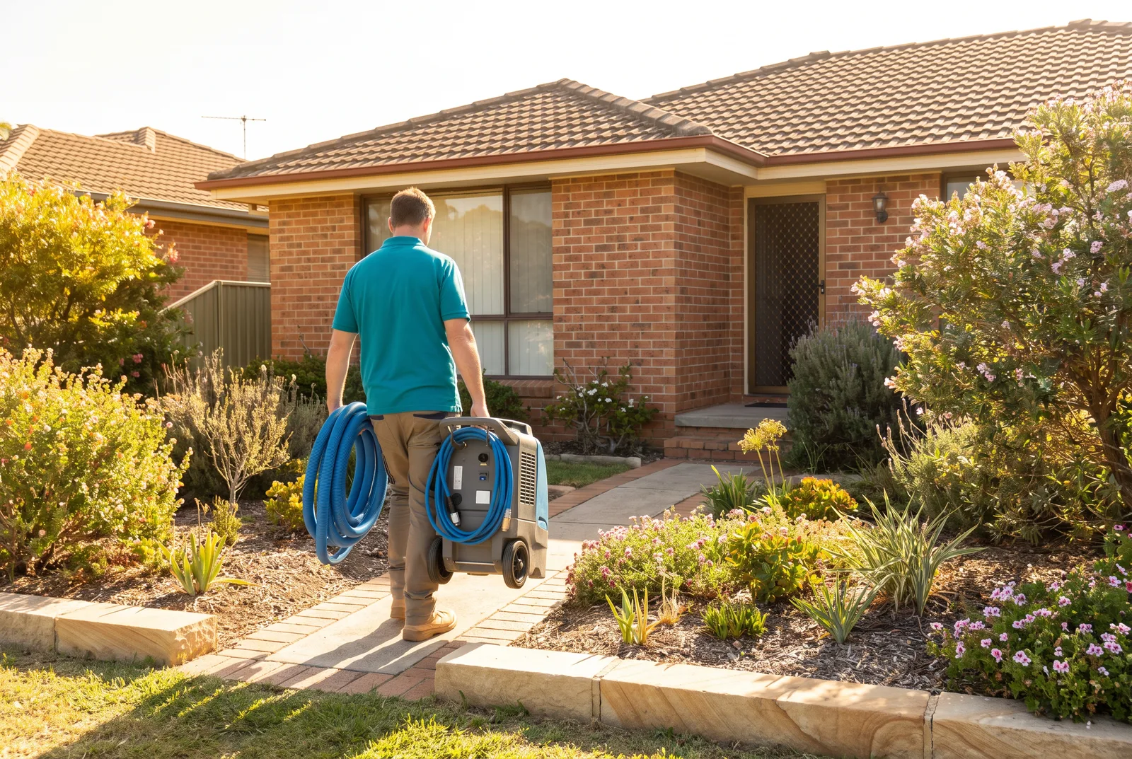 A Harbourfresh carpet cleaning technician arriving at a Newcastle brick-and-tile home with portable hot water extraction equipment