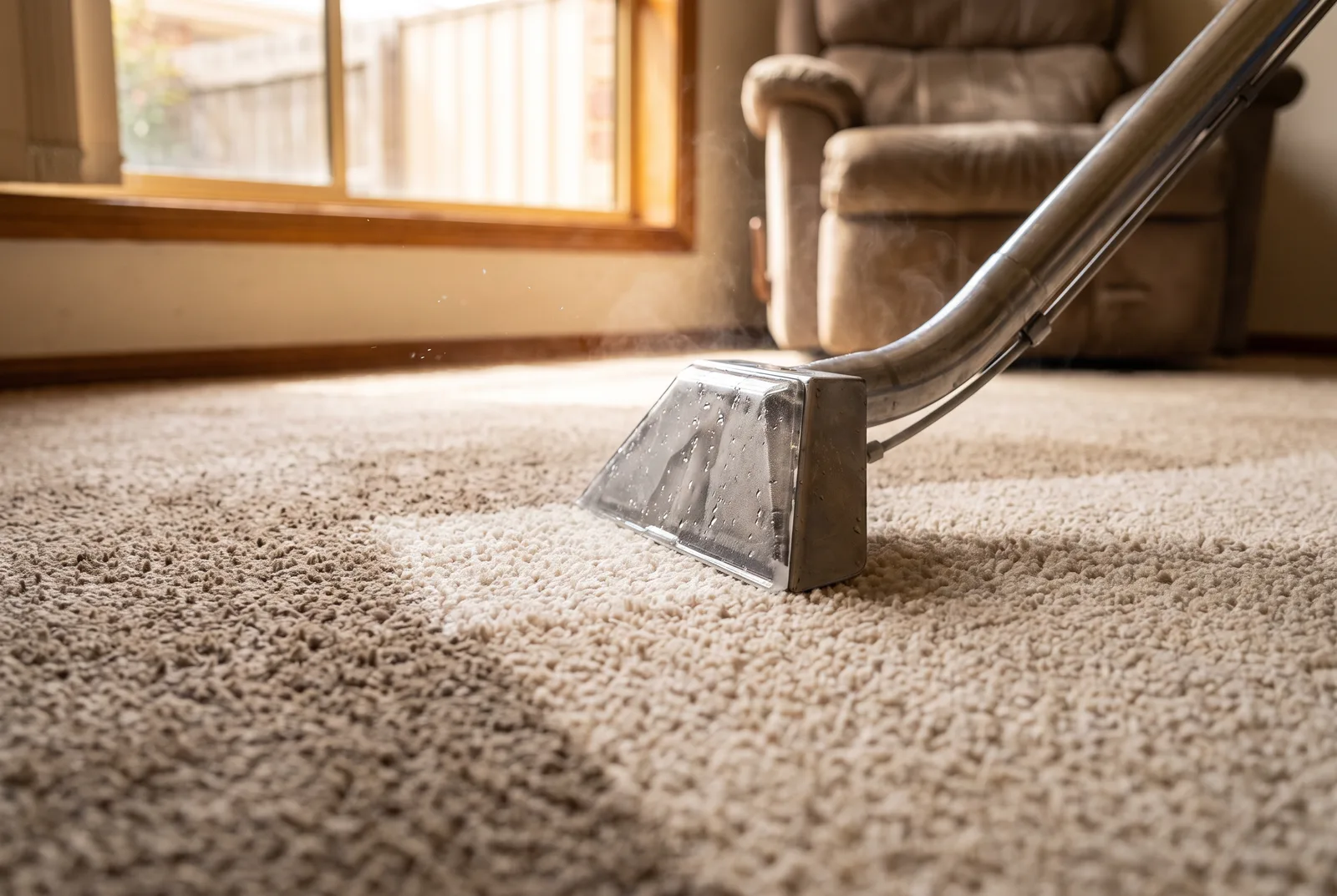 Close-up of a hot water extraction wand cleaning plush carpet, leaving a brighter track behind it