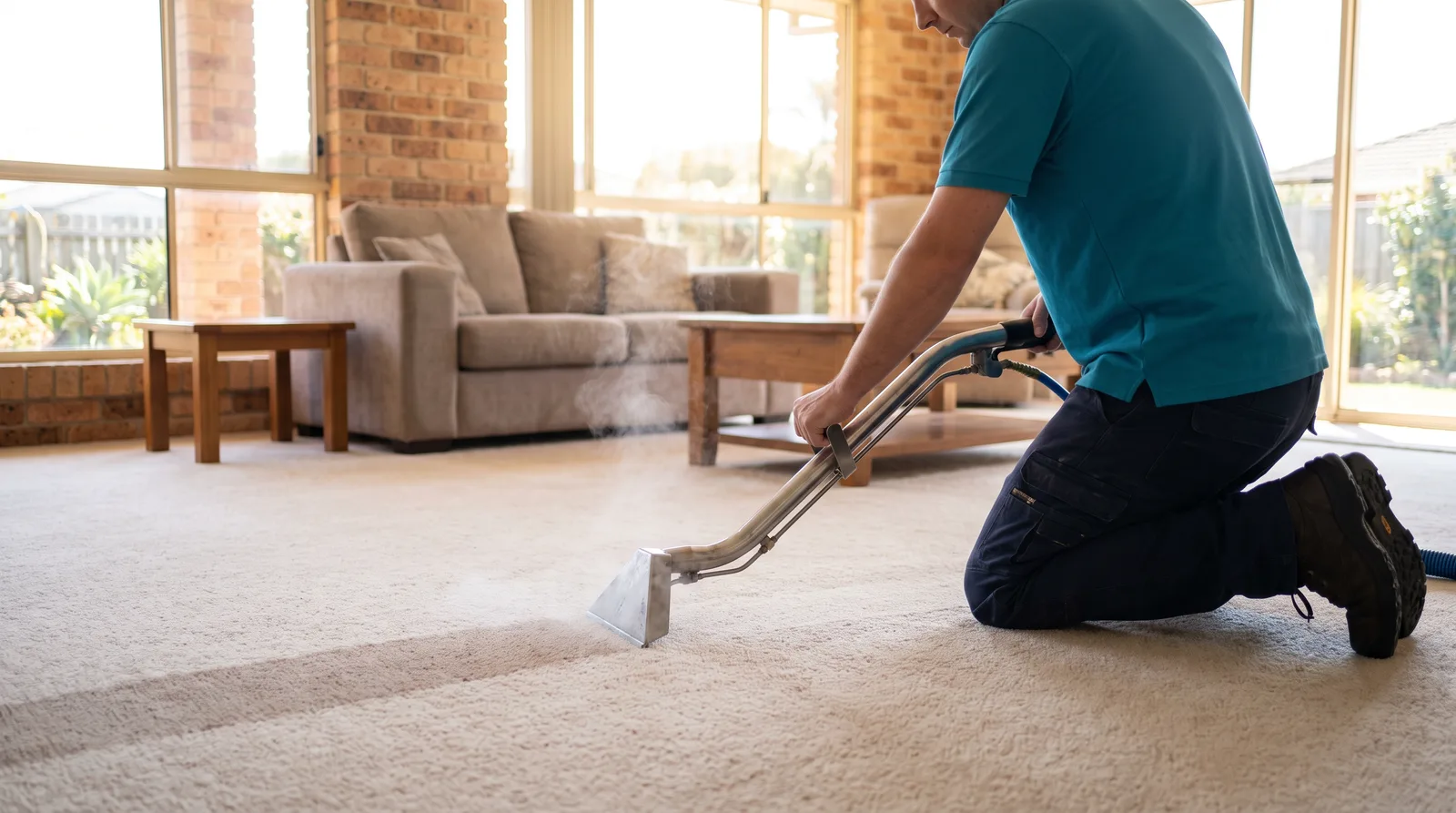 Carpet cleaning technician steam cleaning a plush lounge-room carpet in a Newcastle home, with a freshly cleaned track behind the wand