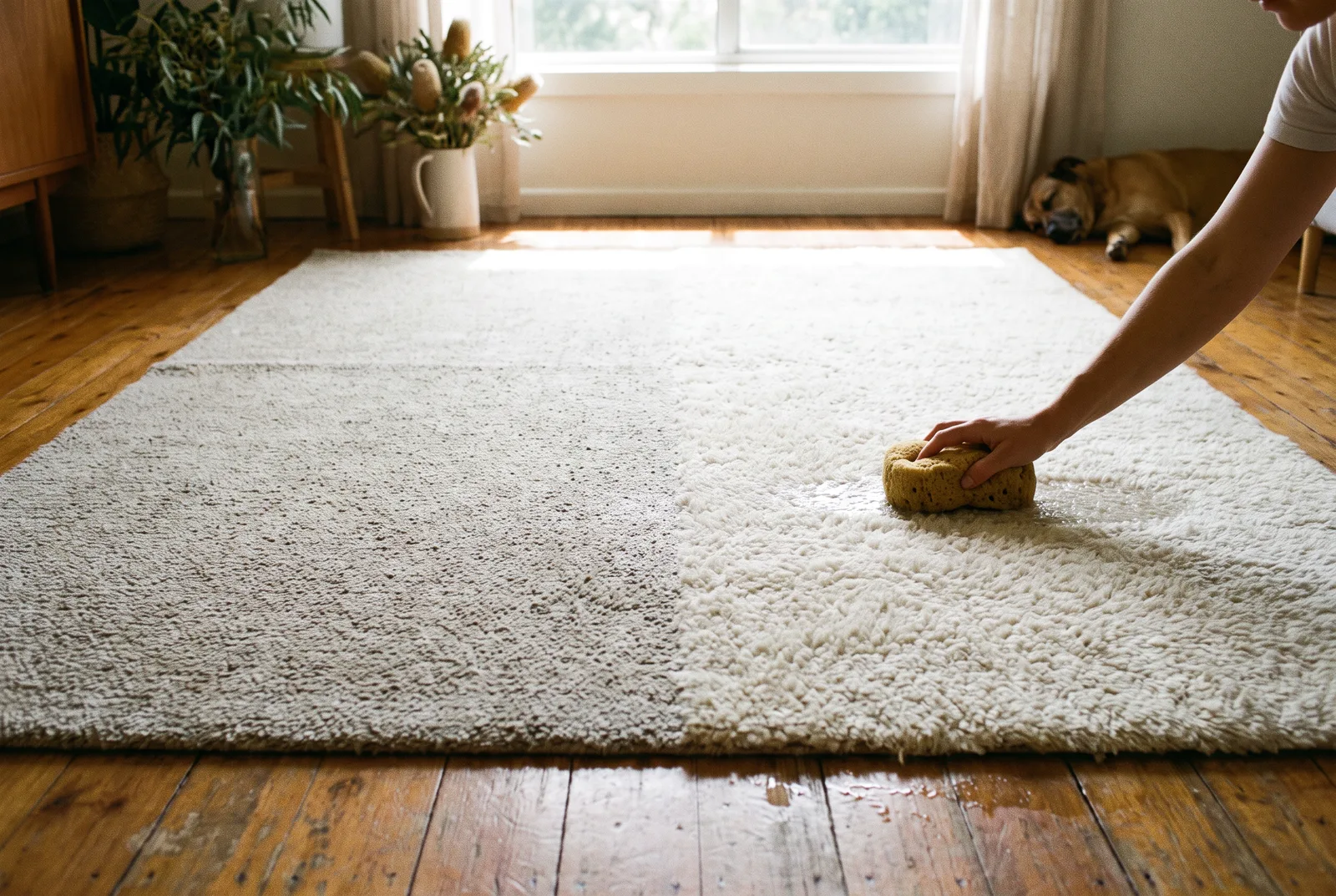 A wool area rug being gently cleaned and revived on a timber floor