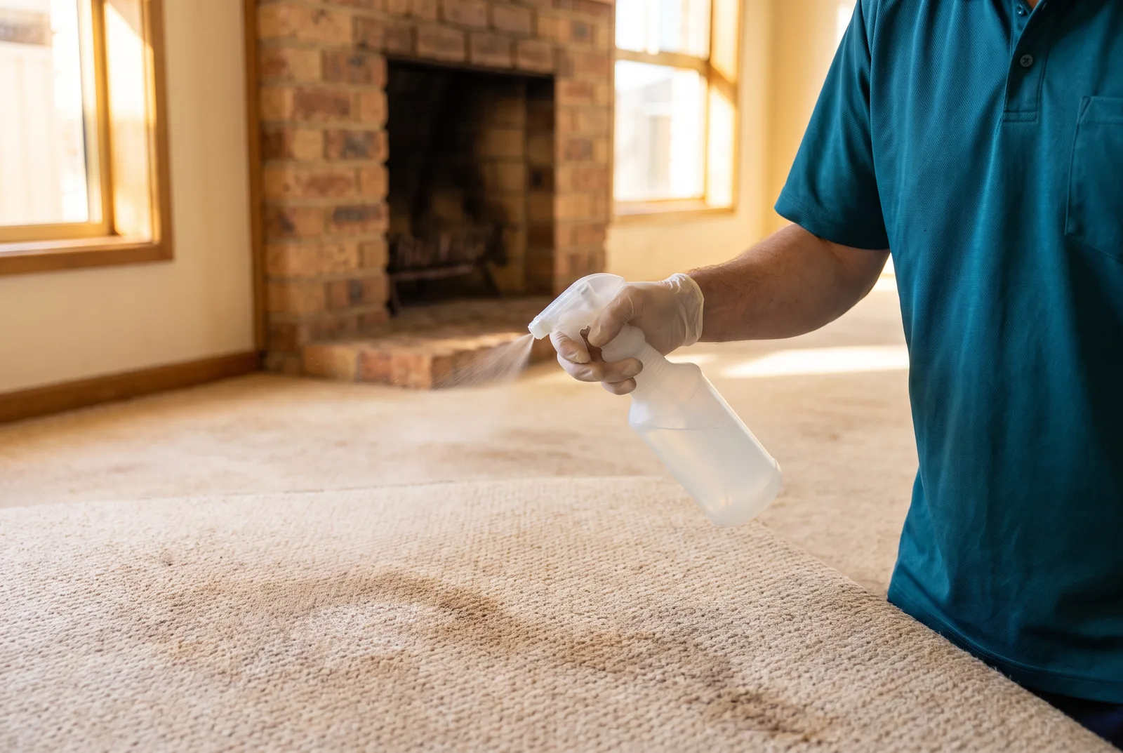 A technician spraying pre-treatment solution onto a stained traffic-lane patch of carpet before cleaning