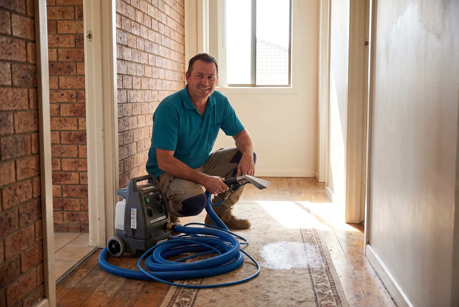 A Newcastle carpet cleaning technician kneeling beside portable hot water extraction equipment
