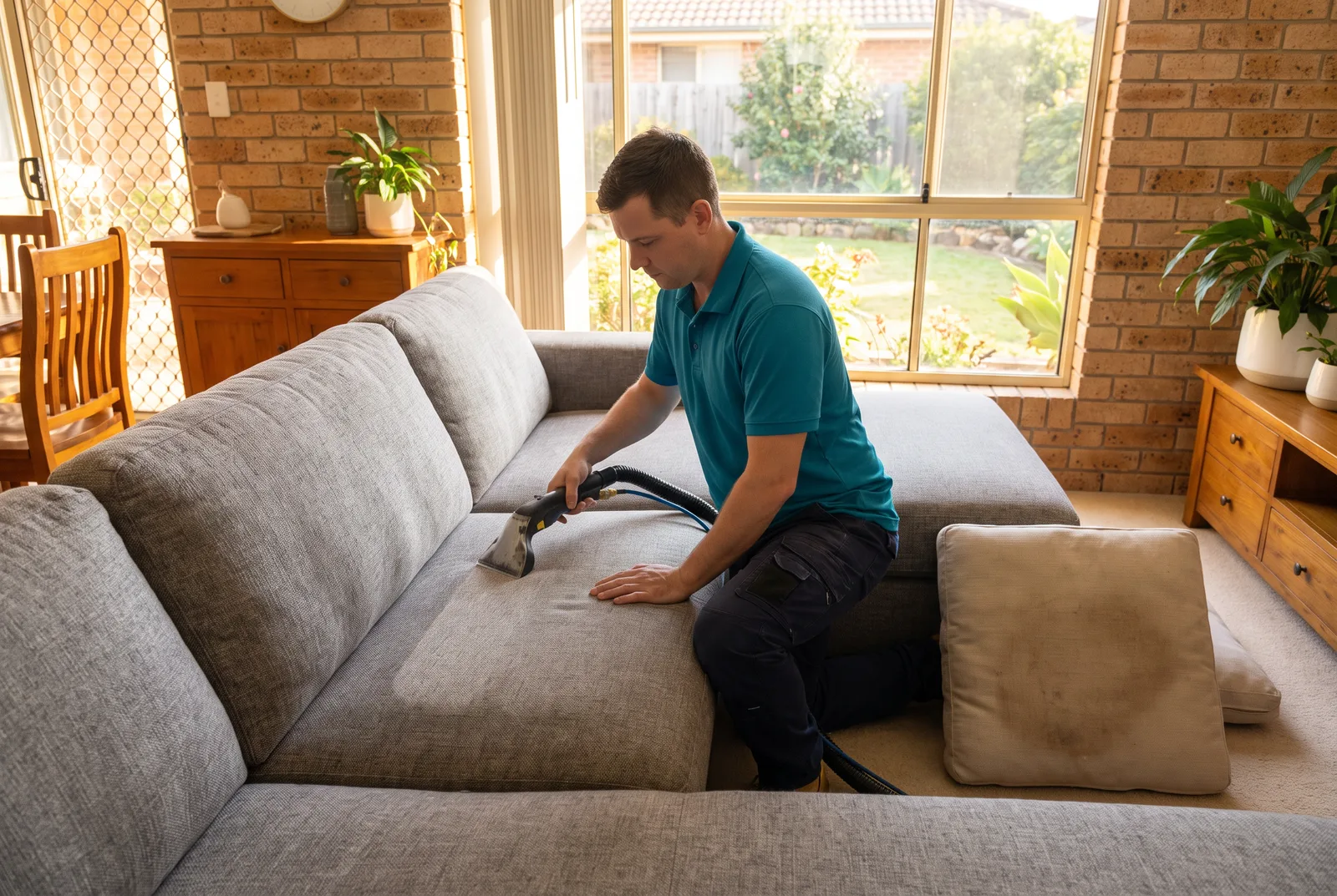 Technician cleaning a fabric lounge with a handheld upholstery tool in a Newcastle home